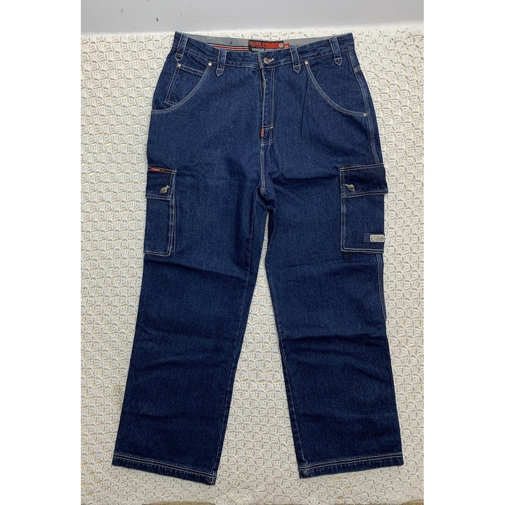 New‎ Vtg Solo Semore Cargo Jeans Baggy Men's 36x31 Blue Denim 90s Grunge Hip Hop